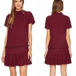 Kate Spade New York, Deep Cherry Purple Short Sleeve Ruffle Shift Dress, Large